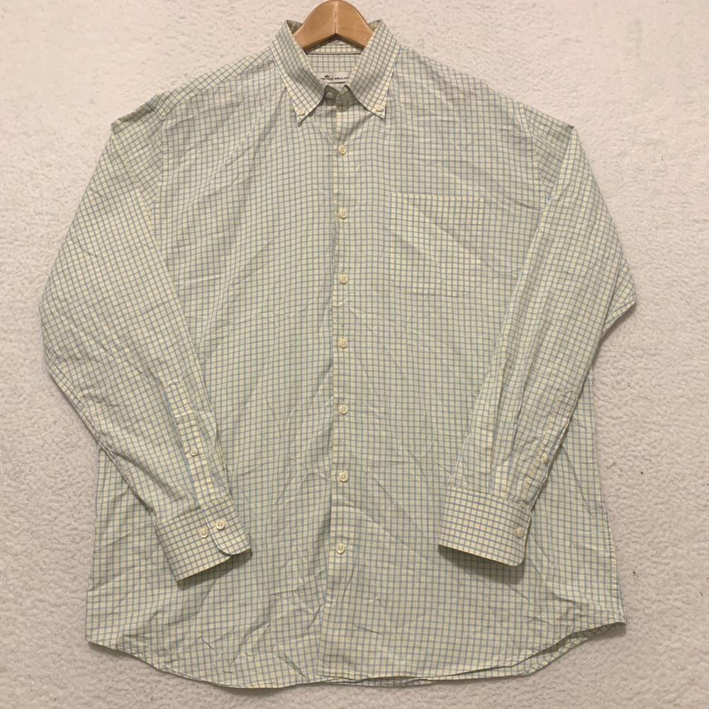 Peter Millar Button Down Shirt Mens XL Oxford Plaid 100% Cotton Yellow Blue